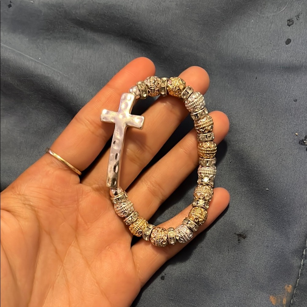 Elegant Silver and Gold Beaded Cross Bracelet